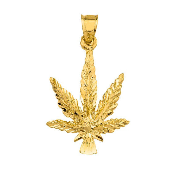 10K Yellow Gold Marijuana Leaf Weed Pendant Necklace