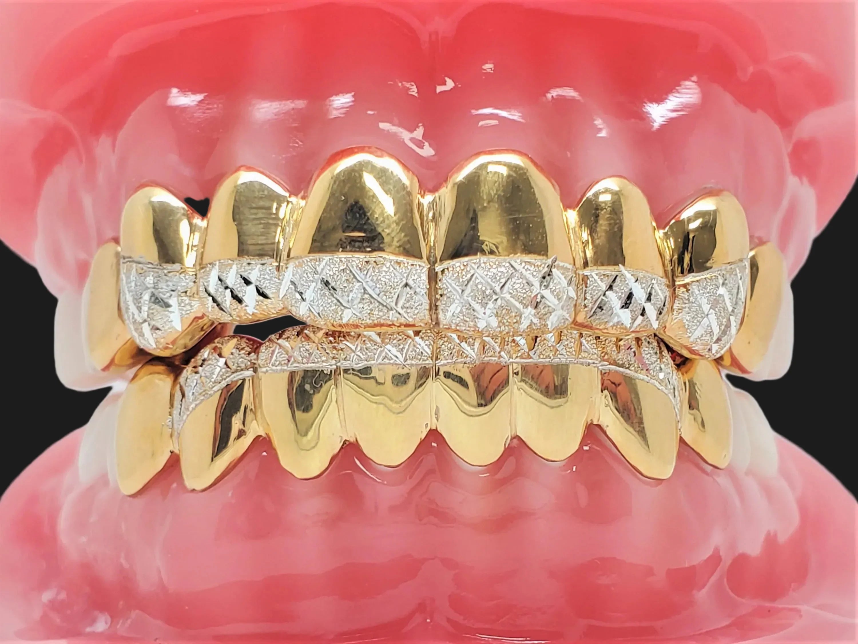 Sterling Silver w/18K Yellow Gold Plated Dust+Diamond Cut Custom Fit Grillz