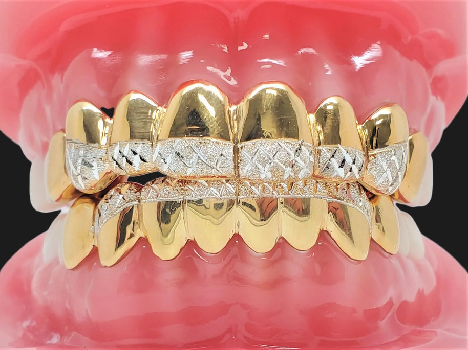 Sterling Silver w/18K Yellow Gold Plated Dust+Diamond Cut Custom Fit Grillz