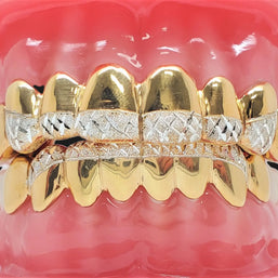 Sterling Silver w/18K Yellow Gold Plated Dust+Diamond Cut Custom Fit Grillz