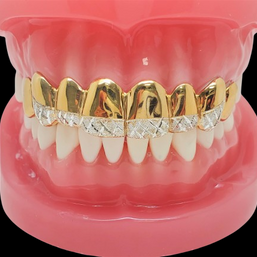 925 Solid Sterling Silver 18K Yellow Gold Plated Dust+Diamond Cut Grillz