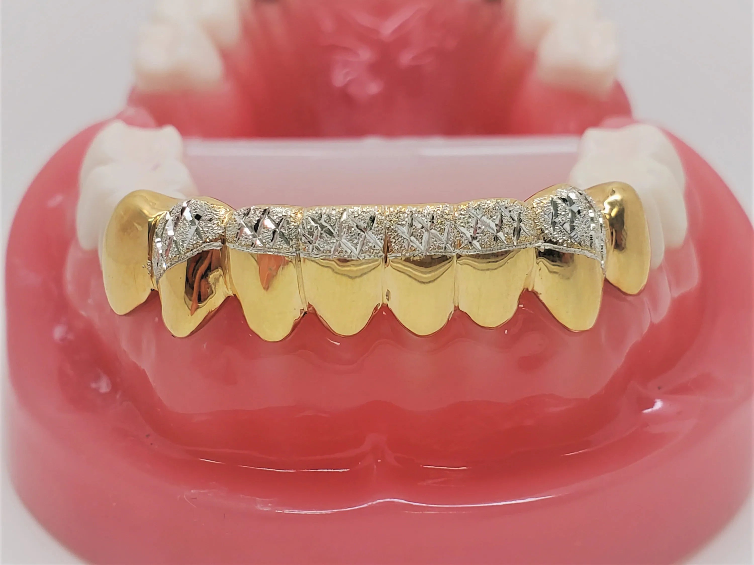 Sterling Silver w/18K Yellow Gold Plated Dust+Diamond Cut Custom Fit Grillz