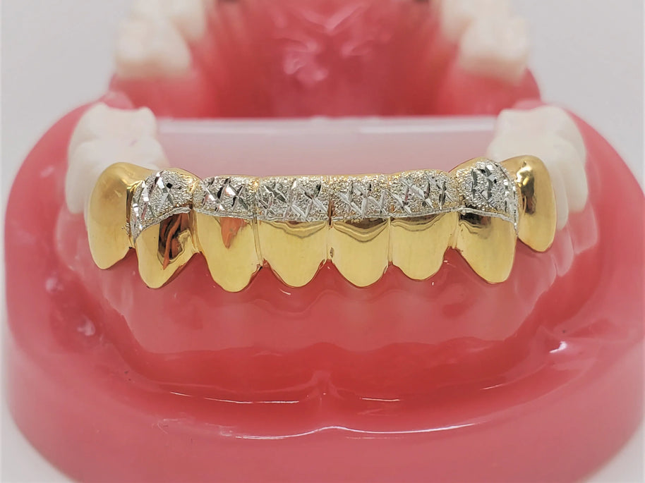 Sterling Silver w/18K Yellow Gold Plated Dust+Diamond Cut Custom Fit Grillz
