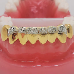 Sterling Silver w/18K Yellow Gold Plated Dust+Diamond Cut Custom Fit Grillz