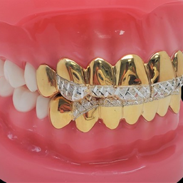 925 Solid Sterling Silver 18K Yellow Gold Plated Dust+Diamond Cut Grillz