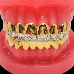 925 Solid Sterling Silver 18K Yellow Gold Plated Dust+Diamond Cut Grillz