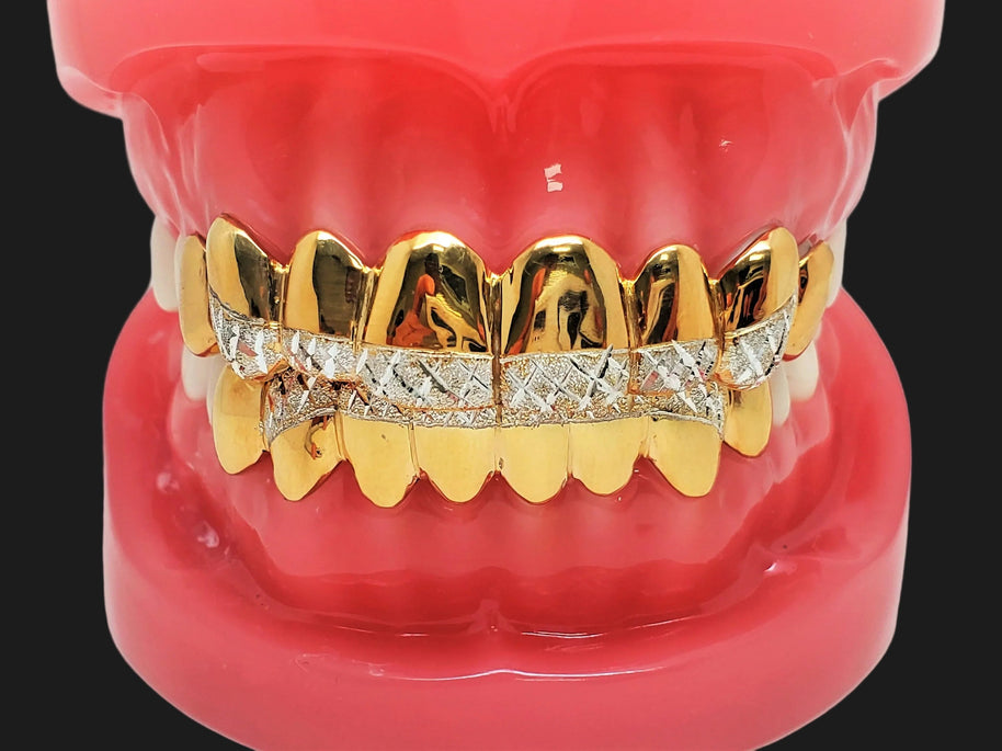 Sterling Silver w/18K Yellow Gold Plated Dust+Diamond Cut Custom Fit Grillz