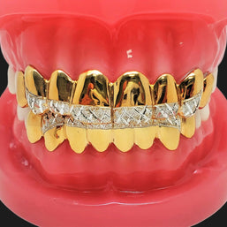 Sterling Silver w/18K Yellow Gold Plated Dust+Diamond Cut Custom Fit Grillz