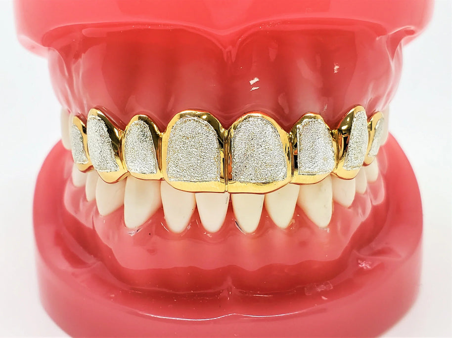925 Sterling Silver 18K Yellow Gold Plated Two Tone Diamond Dust Cut Custom Grillz
