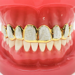 925 Sterling Silver 18K Yellow Gold Plated Two Tone Diamond Dust Cut Custom Grillz