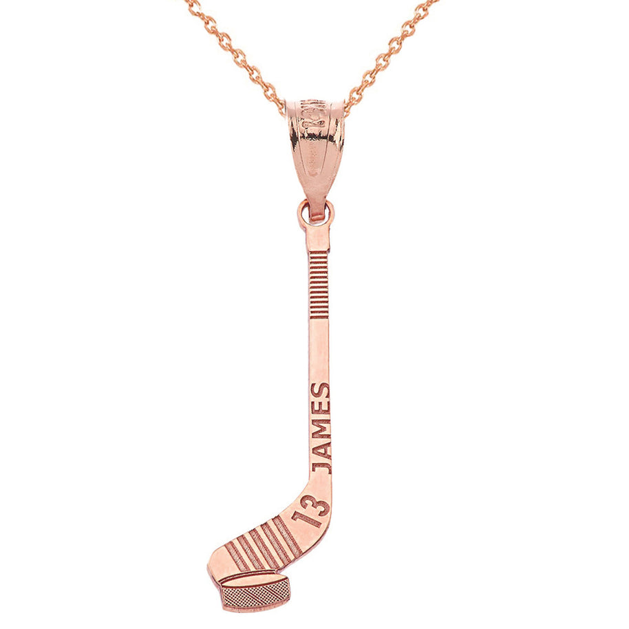 Personalized Engravable Gold Ice Hockey Stick and Puck Pendant with Your Name and Number(Yellow/Rose/White)