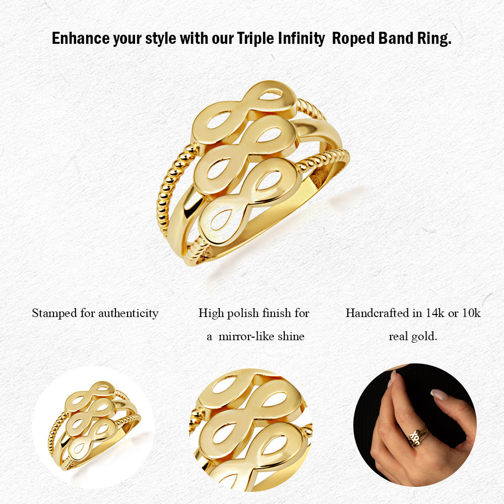 Gold Triple Infinity Multi Row Rope Band Ring (Available in Yellow/Rose/White Gold)