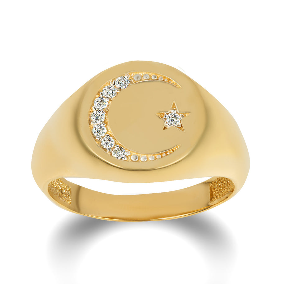 Yellow Gold Diamond Islam Crescent Moon & Star Signet Ring