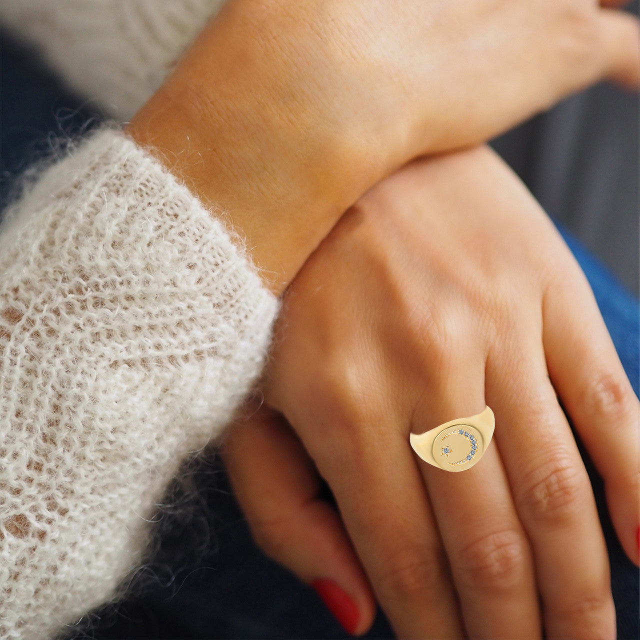Yellow Gold Diamond Islam Crescent Moon & Star Signet Ring