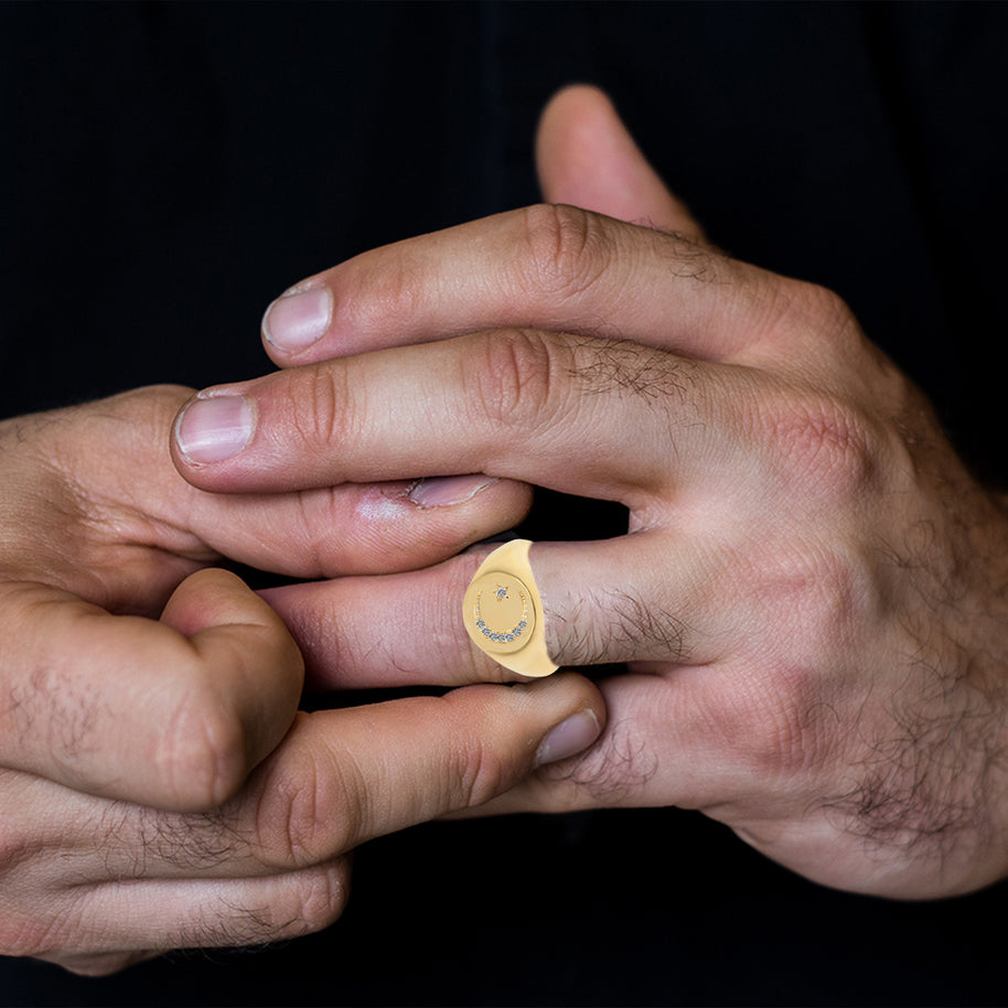 Yellow Gold Diamond Islam Crescent Moon & Star Signet Ring