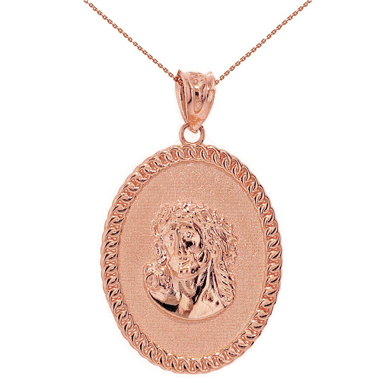 Solid Gold Jesus Christ the Lord Cuban Curb Link Frame Ova (Available In Yellow/Rose/White/Two Tone Gold Gold)