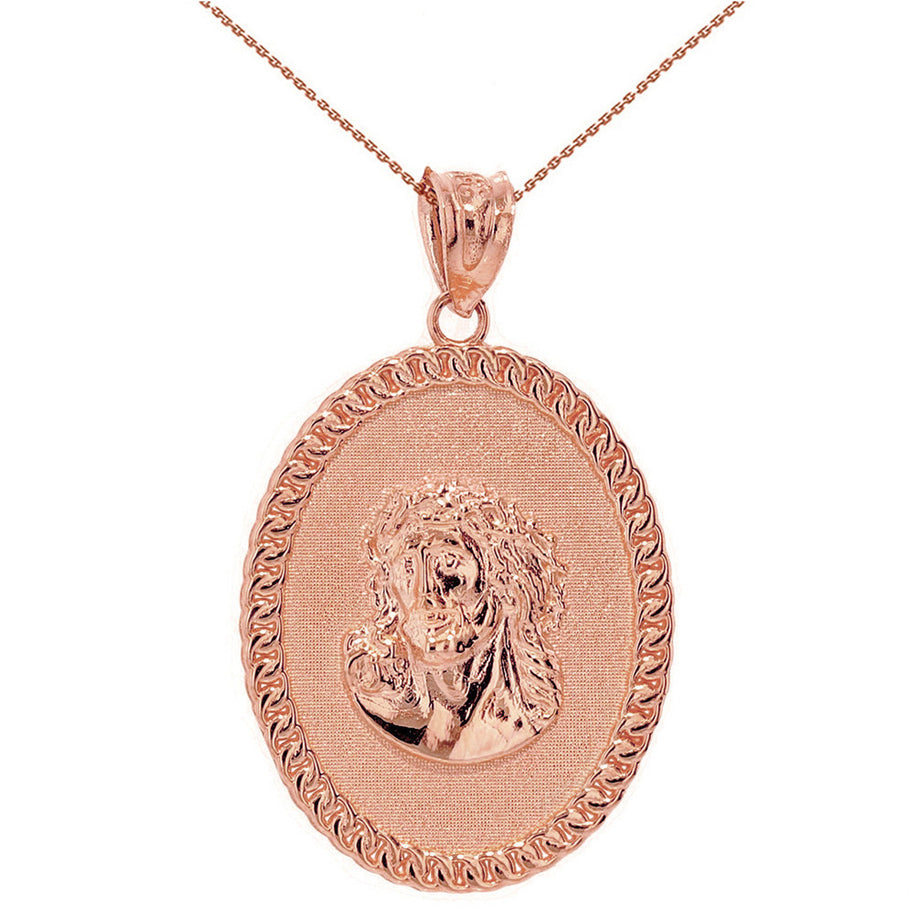 Solid Gold Jesus Christ the Lord Cuban Curb Link Frame Ova (Available In Yellow/Rose/White/Two Tone Gold Gold)