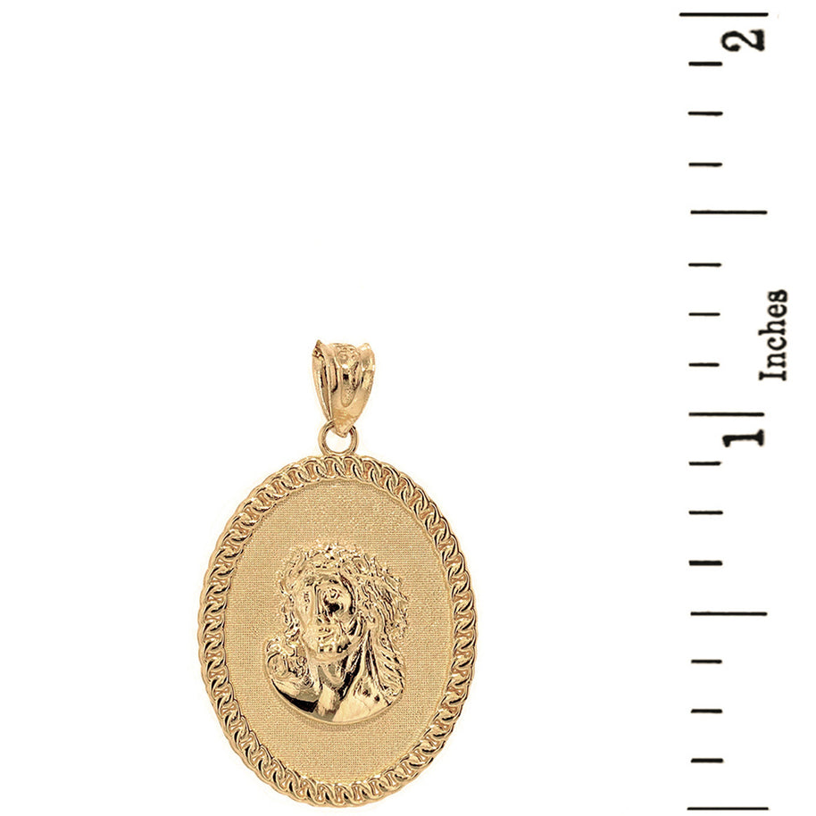 Solid Gold Jesus Christ the Lord Cuban Curb Link Frame Ova (Available In Yellow/Rose/White/Two Tone Gold Gold)