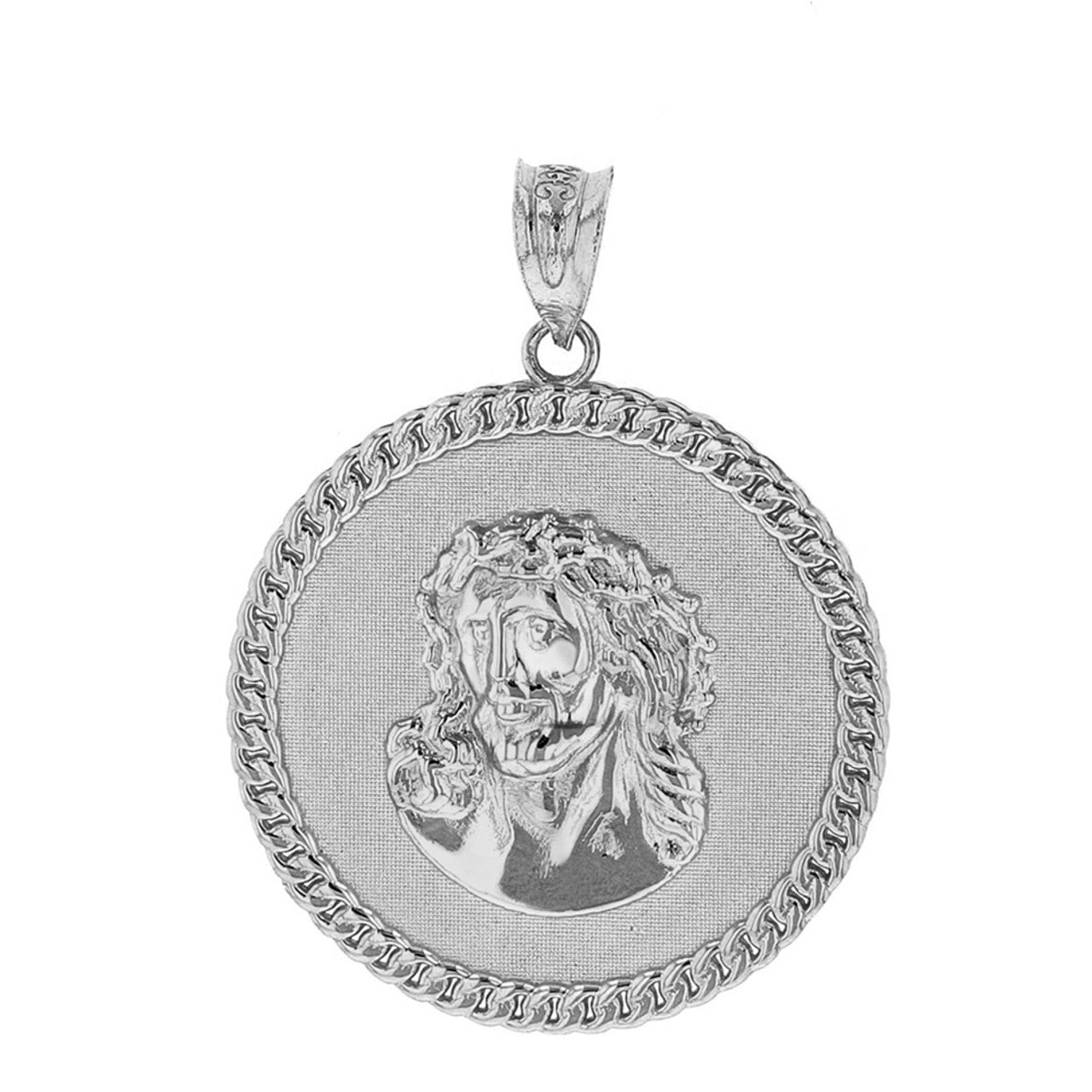 Sterling Silver Cuban Curb Link Frame Circle Jesus Christ Medallion Pendant Necklace