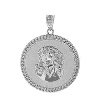 Sterling Silver Cuban Curb Link Frame Circle Jesus Christ Medallion Pendant Necklace