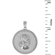 Sterling Silver Cuban Curb Link Frame Circle Jesus Christ Medallion Pendant Necklace