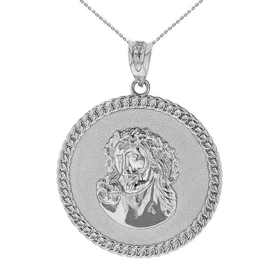 Sterling Silver Cuban Curb Link Frame Circle Jesus Christ Medallion Pendant Necklace