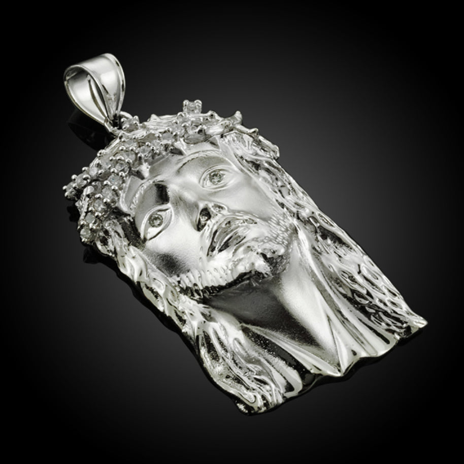 925 Sterling Silver Face of Jesus Pendant With CZ (Large)