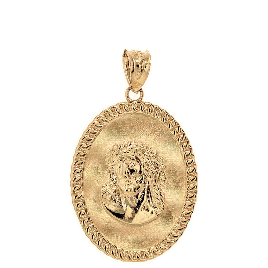 Solid Gold Jesus Christ the Lord Cuban Curb Link Frame Ova (Available In Yellow/Rose/White/Two Tone Gold Gold)