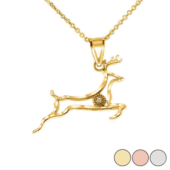 Diamond Running Deer Pendant Necklace in Gold (Yellow/Rose/White)