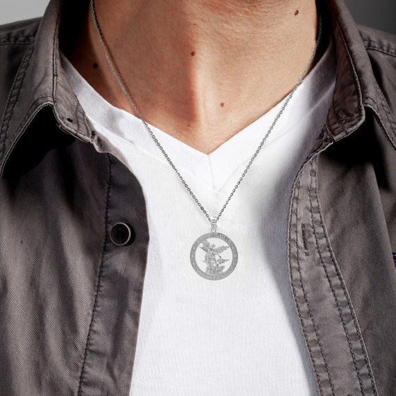 925 Sterling Silver Cubic Zirconia Patron Saint Michael Archangel Round Pendant Necklace