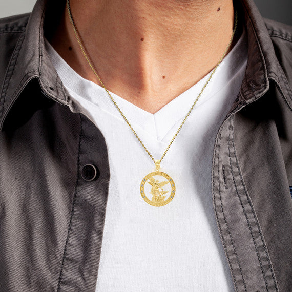 Gold Cubic Zirconia Patron Saint Michael Archangel Round Pendant Necklace (Available in Yellow/Rose/White Gold)