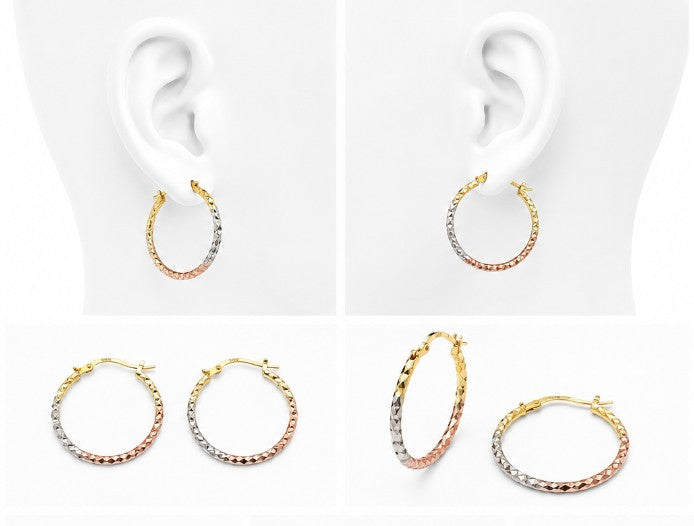10K Yellow Tri Color Gold Diamond Cut Round Hoops Earrings