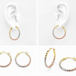 10K Yellow Tri Color Gold Diamond Cut Round Hoops Earrings