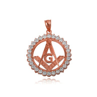 Solid Gold Freemason Square & Compass CZ Circle Pendant Necklace (Available in Yellow/Rose/White Gold)