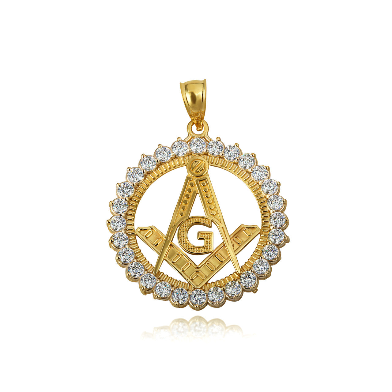 Solid Gold Freemason Square & Compass CZ Circle Pendant Necklace (Available in Yellow/Rose/White Gold)