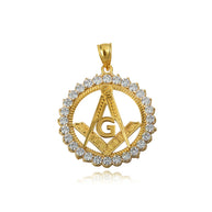 Solid Gold Freemason Square & Compass CZ Circle Pendant Necklace (Available in Yellow/Rose/White Gold)