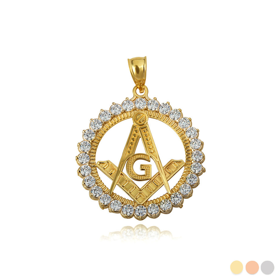 Solid Gold Freemason Square & Compass CZ Circle Pendant Necklace (Available in Yellow/Rose/White Gold)