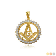 Solid Gold Freemason Square & Compass CZ Circle Pendant Necklace (Available in Yellow/Rose/White Gold)