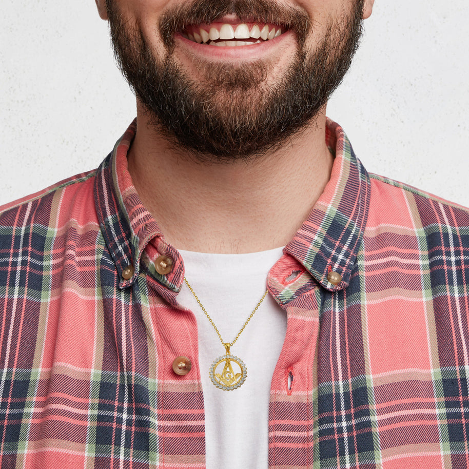 Solid Gold Freemason Square & Compass CZ Circle Pendant Necklace (Available in Yellow/Rose/White Gold)