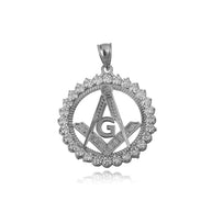 Sterling Silver Freemason Square & Compass CZ Circle Pendant Necklace