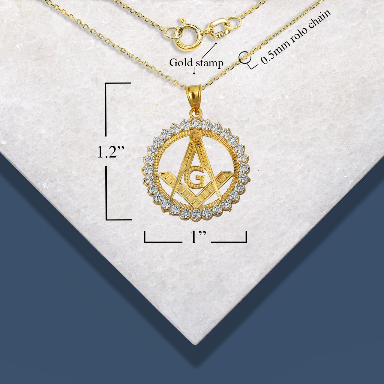 Solid Gold Freemason Square & Compass CZ Circle Pendant Necklace (Available in Yellow/Rose/White Gold)
