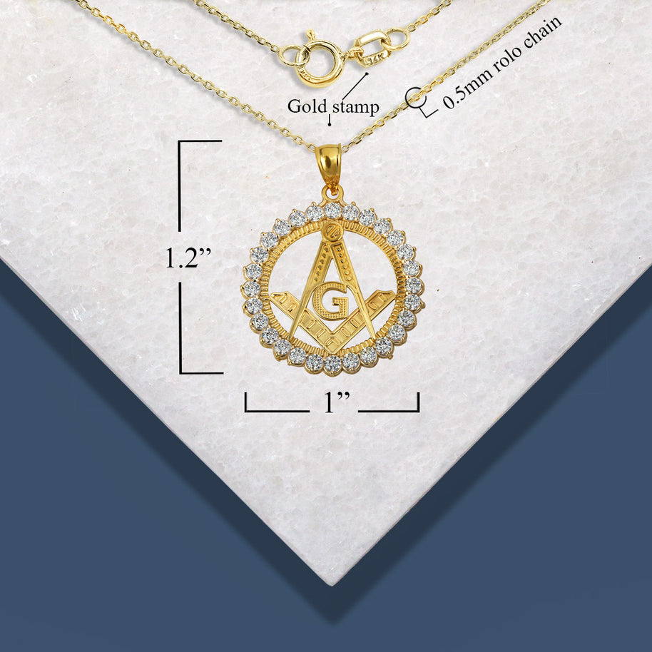 Solid Gold Freemason Square & Compass CZ Circle Pendant Necklace (Available in Yellow/Rose/White Gold)
