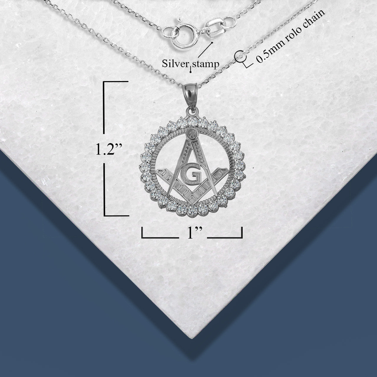 Sterling Silver Freemason Square & Compass CZ Circle Pendant Necklace
