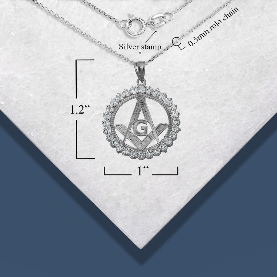 Sterling Silver Freemason Square & Compass CZ Circle Pendant Necklace