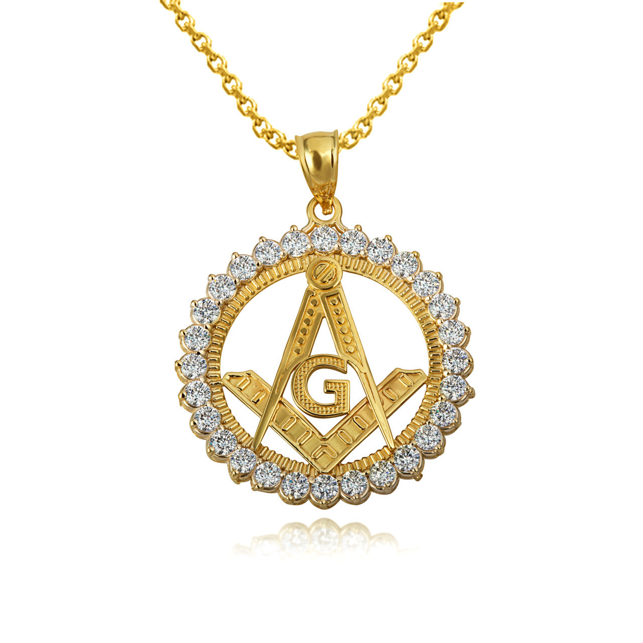 Solid Gold Freemason Square & Compass CZ Circle Pendant Necklace (Available in Yellow/Rose/White Gold)