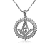 Sterling Silver Freemason Square & Compass CZ Circle Pendant Necklace