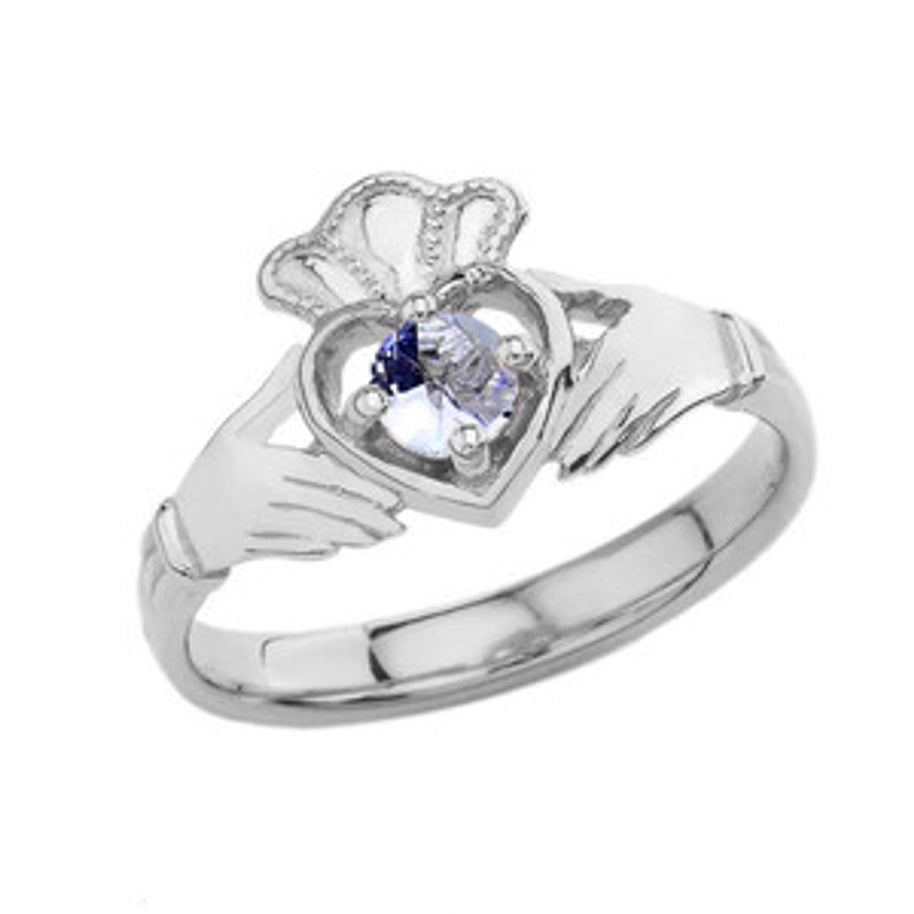 Birthstone Claddagh with Crown Ring in Sterling Silver