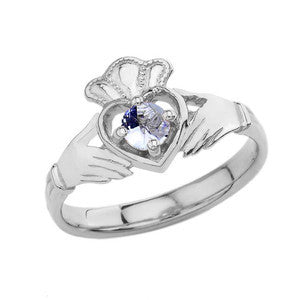 Birthstone Claddagh with Crown Ring in Sterling Silver