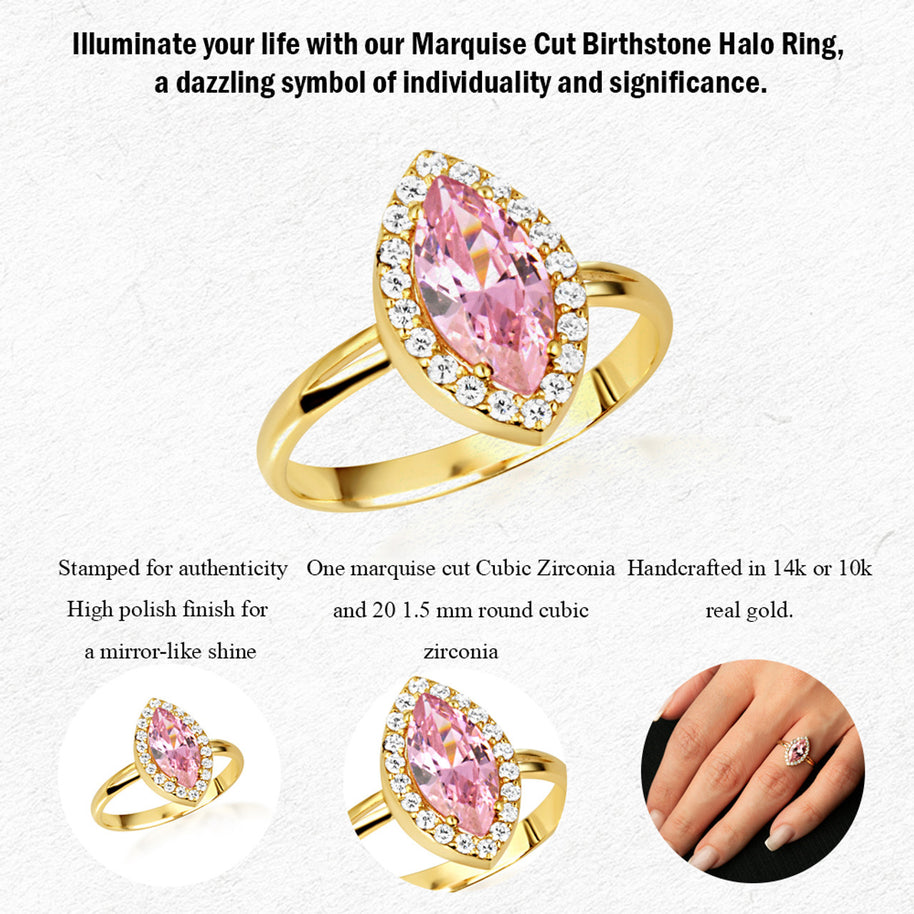 Gold Marquise Cut Birthstone Halo Ring (Available in Yellow /Rose/White Gold)