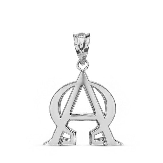 .925 Sterling Silver Christian Alpha and Omega Symbol Milgrain Pendant Necklace